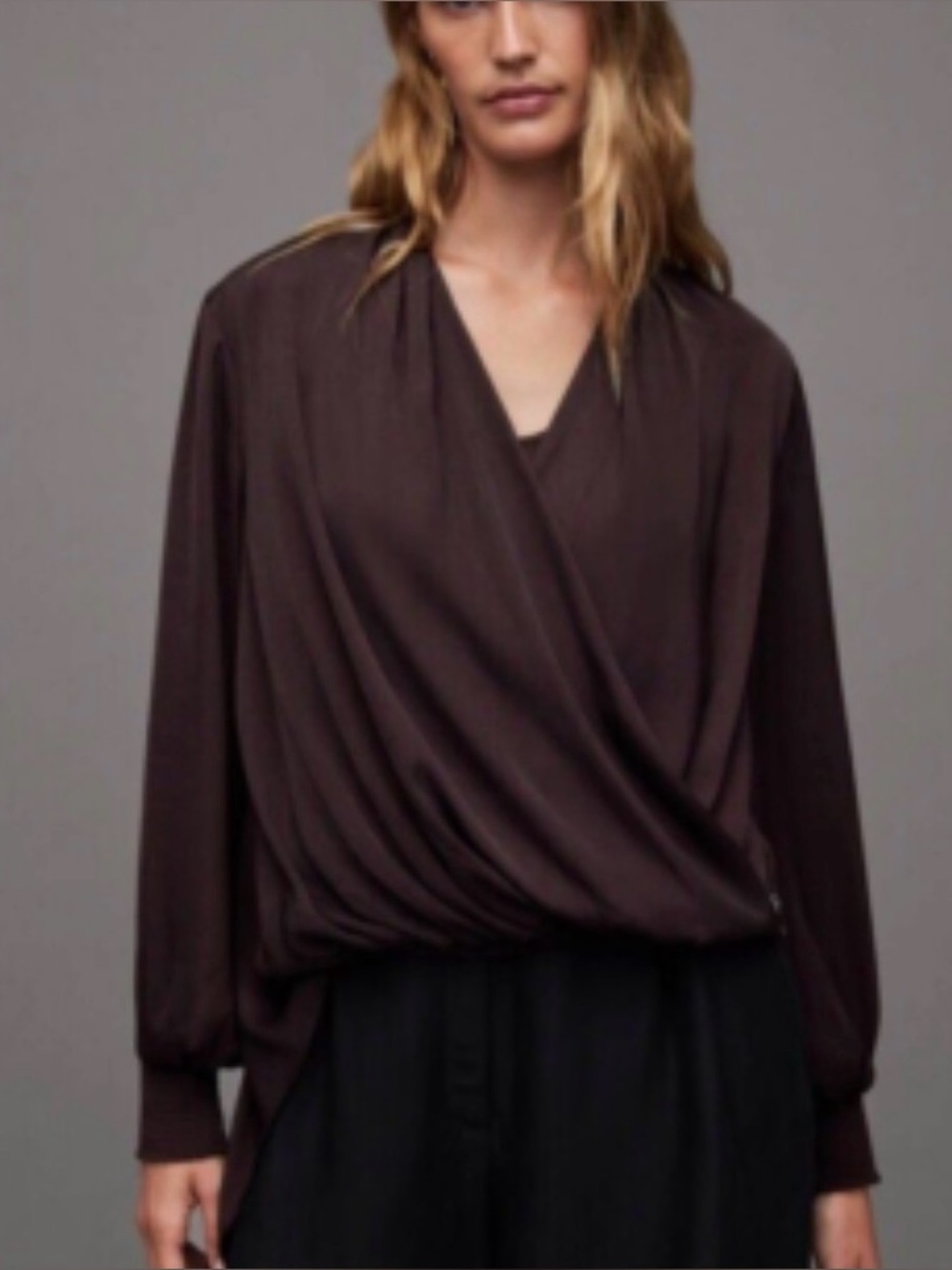 AllSaints Abi Long Sleeve Draped Asymmetrical Top in Port Purple. size 8. NWT. - Picture 2 of 12